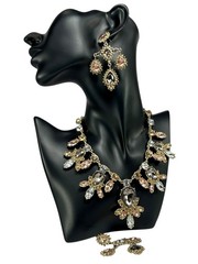 SAQ Floral Collar Necklace & Dangle Earrings Set Gold Tone Clear Pink Grey Glass