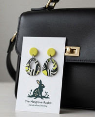 Handmade Yellow Black & White Graphic Print Polymer Clay LG Dangle Earrings SS