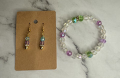 handmade beaded dangle earrings and bracelet set pink green blue pastels