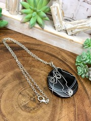 Agate Pendant Necklace: Wire Wrapped Striped Onyx, Silver Wire