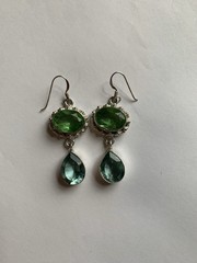 Sterling Silver Green & Blue Quartz Crystal Drop Dangle Earrings 925 Handmade
