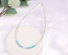 Seed Beaded Choker, Turquoise and Freshwater Pearl Summer Necklace for Women