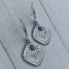 Min Favorit Turquoise & Pearl Enamel Sunburst Charm Silver Artisan Drop Earrings