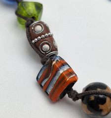 Multicolor Artisan Glass Bead Brown Cord Necklace Boho Adjustable 26 In