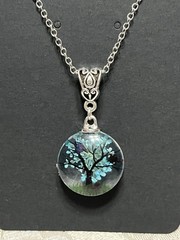 Pendant Nature Flower Tree Lacework Glass Two Sided Silver 18” Boho Necklace