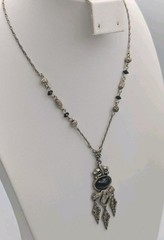 Ornate Statement Pendant Necklace Silver Tone 15″ Black Cabochon