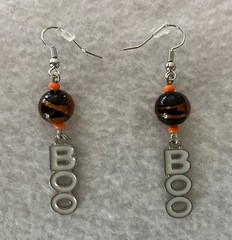 Halloween Black & Orange Foil LampWork Glass “BOO” Drop/Dangle Earrings