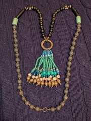 Handcrafted Bohemian Necklace w/ Brass/Bronze Focal Point. Stones, Glass, Pearls