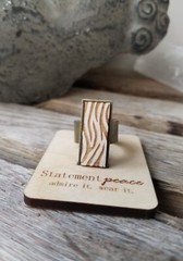 Artisan HANDMADE Jewelry Set Wood Brass Etched Zebra Print Ring & Stud Earrings