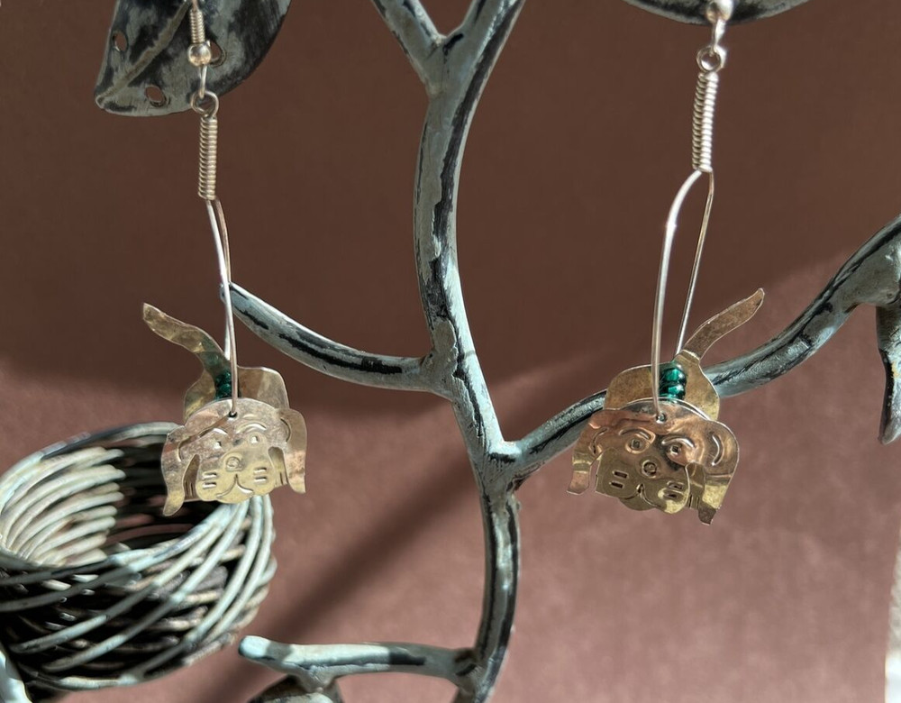 Alpaca Mexico Silver Hoop Earrings Three Dimensional Animal Dog Dangles 2 1/2″
