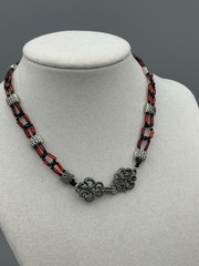Stretchy, Dainty Black Spinel and Red Glass Beaded Choker With Metal Stations.