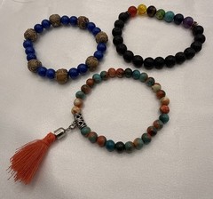 Set of 3 Natural Stone Stretch Bracelets Lava Rock Jasper Agate Metaphysical