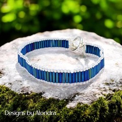 Boho Iridescent Blue Bugle Bead Cuff Bracelet – Unique Gift for Her