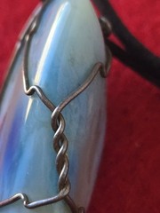 Blue Agate Stone Wire Wrapped Pendant Necklace Adjustable Black Cord
