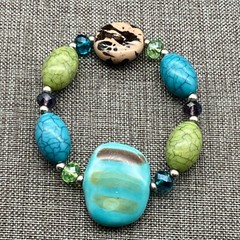 Artisan Beaded Stretch Bracelet Colorful Stone Turquoise Blue Green Beige BoHo