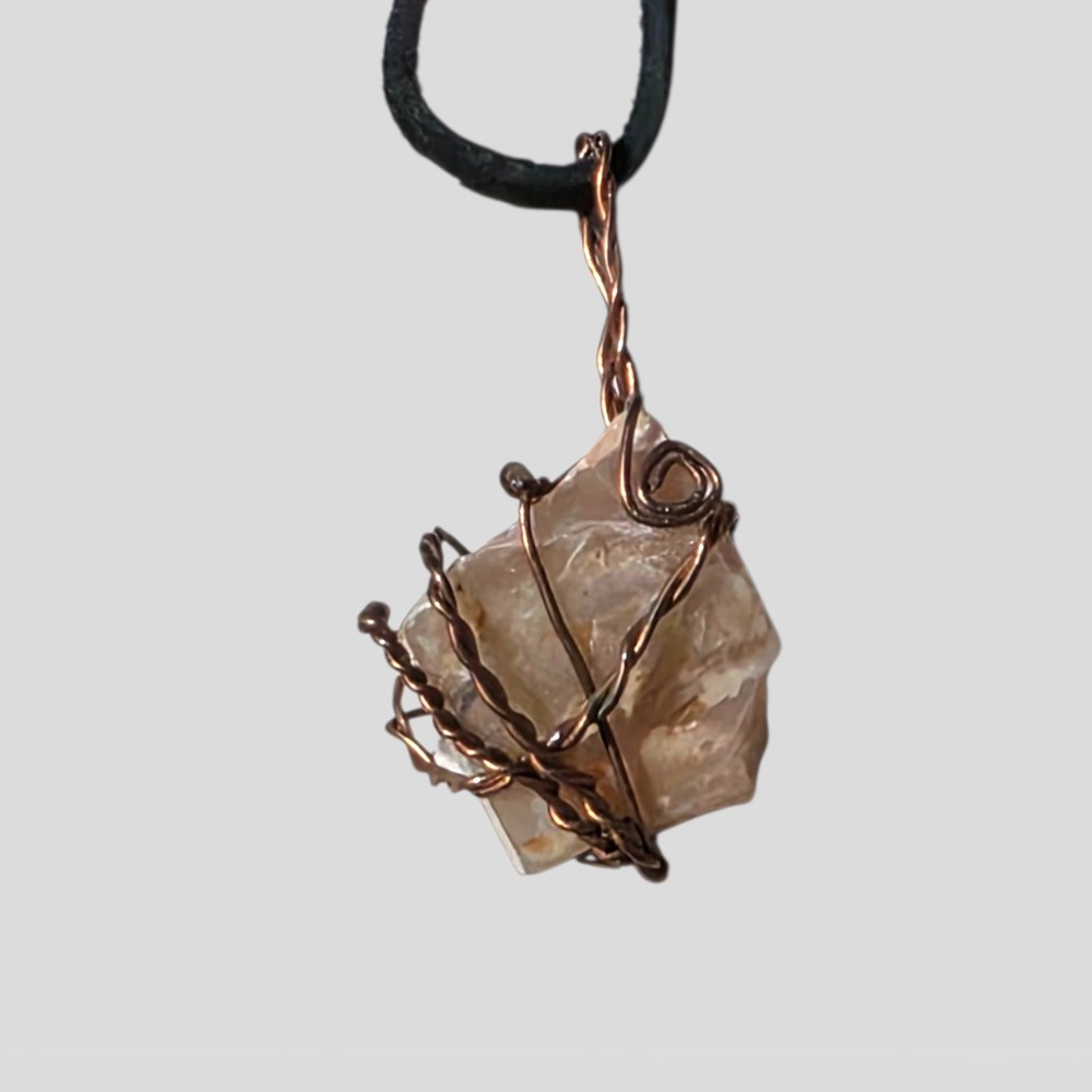 Raw Crystal Pendant Necklace Copper Wire Wrapped Stone 18″ Cord Boho Natural