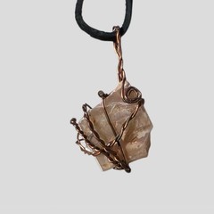 Raw Crystal Pendant Necklace Copper Wire Wrapped Stone 18″ Cord Boho Natural