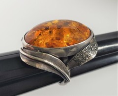 Vintage Sterling Honey Amber Brutalist Free Form Ring Size 7.5 1960’s Poland