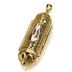 Mezuzah Shin Jewish Pendant In 14K Two Tone Gold Filigree 3D Judaica Jewelry