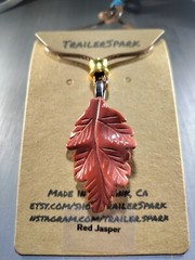 TrailerSpark Red Jasper Carved Leaf Pendant Necklace 18in Waxed Cord Break Away