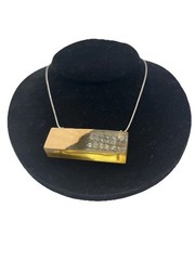 Vintage Artisanal Lucite And Wood Rectangular Pendant Necklace 28” Minimalistic