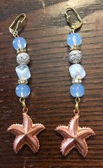 Opalite Clear AB Glass Fancy Rhinestone Ball 3 D Copper Star Fish Long Earrings