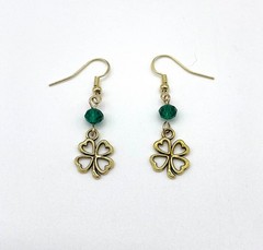 Handmade Gold-Tone Lucky Four Leaf Clover Hook Earrings with Green Glass Beads