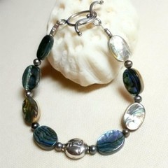 ABALONE PAUA, FRESHWATER PEARL, BUDDHA STERLING SILVER TOGGLE BRACELET