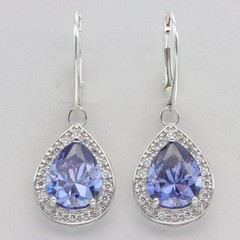 Blue Oval Rectangle TANZANITE & CZ Leverback Earrings 925 STERLING SILVER #102e