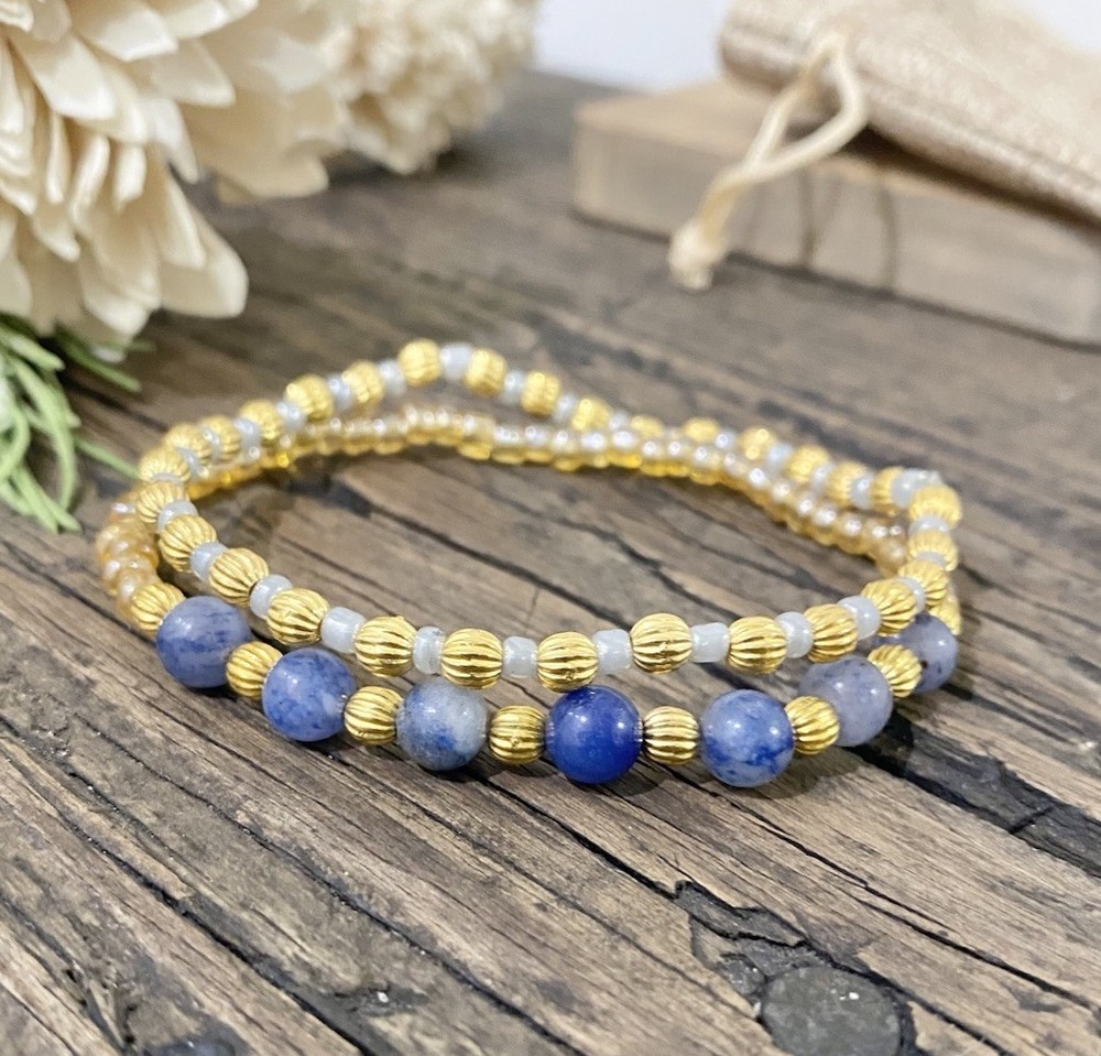 2 Piece Dainty Blue & Gold Beaded Bracelet Set, Stretch Bracelets