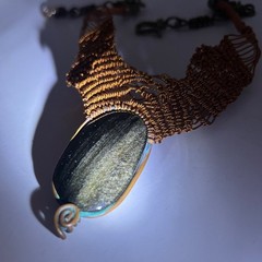 Handmade Copper Wire Wrapped Silver Sheen Obsidian Necklace Boho Statement