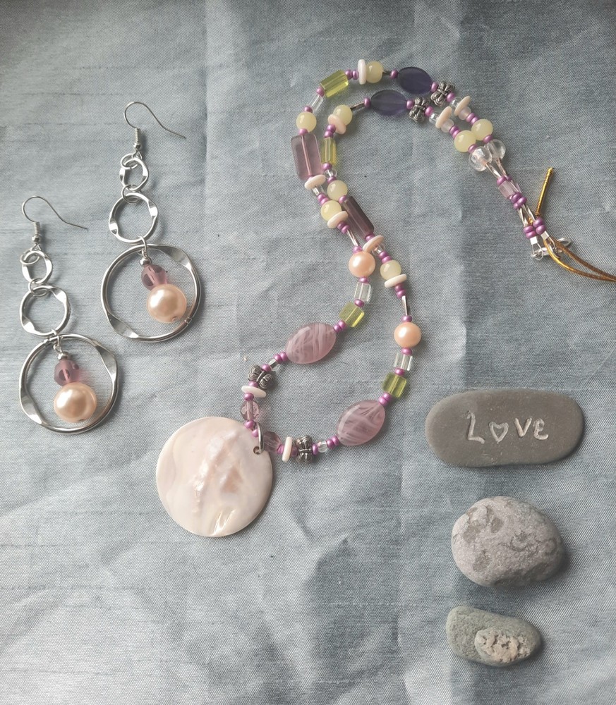 Vintage Jewelry Set, Purple Glass Bead Necklace, MOP Shell Pendant Hoop Earrings