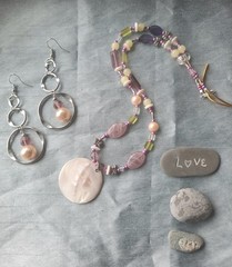 Vintage Jewelry Set, Purple Glass Bead Necklace, MOP Shell Pendant Hoop Earrings