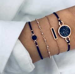 Geometric Black Marble 4 Piece Bracelet Set with Lapis Stone