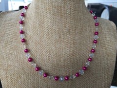 Handmade Necklace of Fuchsia Pink Glass Pearls and Clear Glass Beads Silver Tone