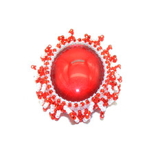 Luminous Red Brooch, Beaded Ruffle, Red and White, Handmade, 2 x 1 3/4