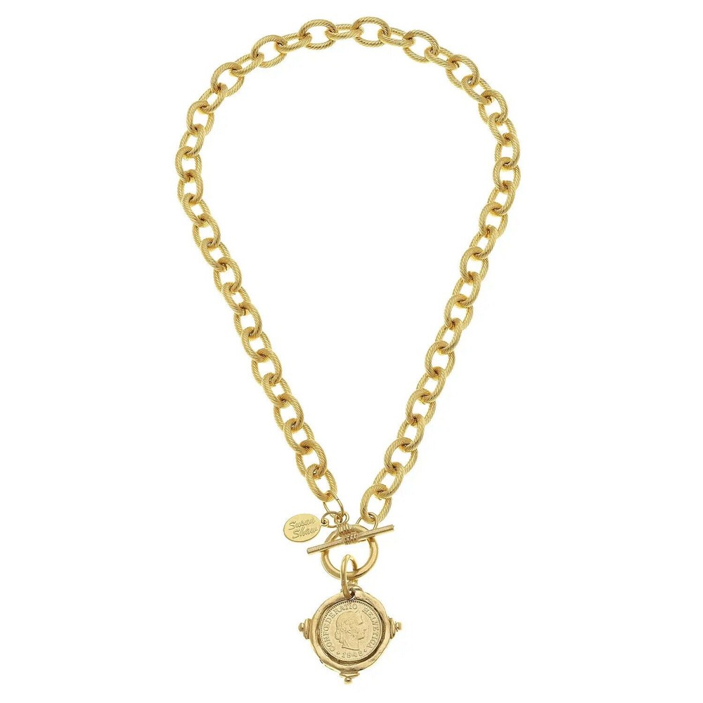 Susan Shaw Gold Intaglio Coin Front Toggle Necklace 24kt TGP 16″ $128 MSRP New!