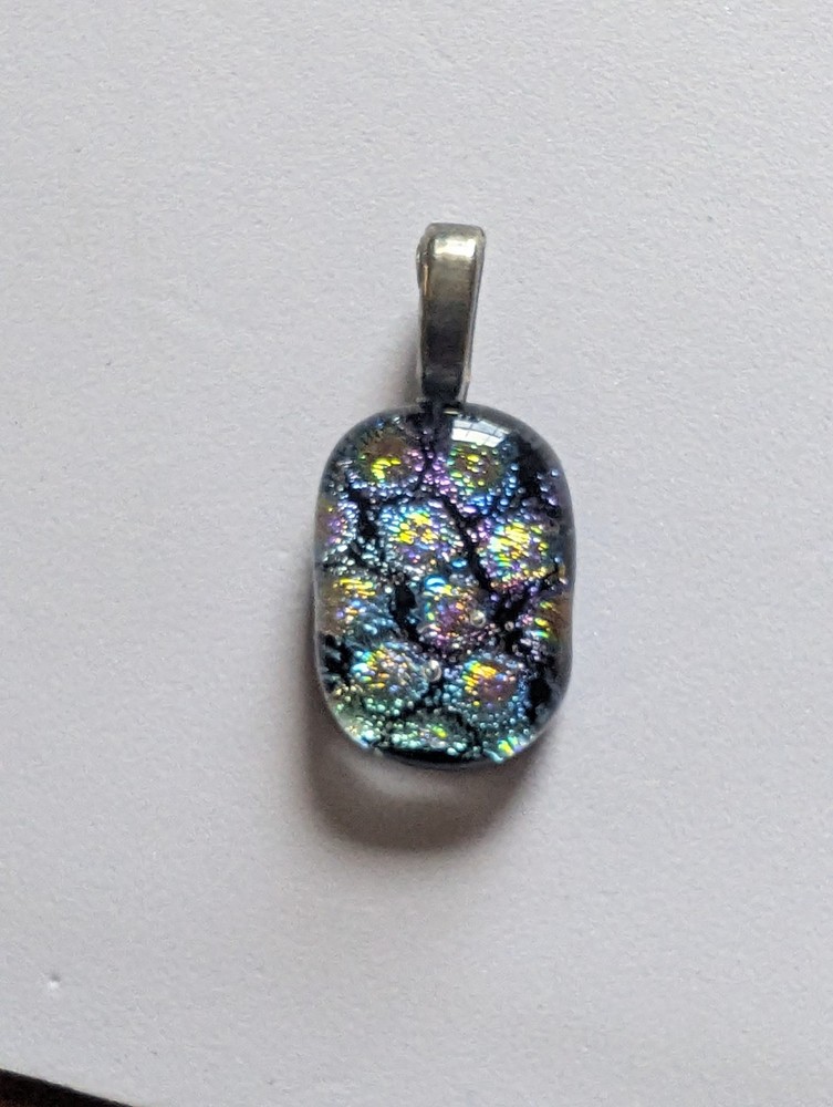 Handmade Dichroic Art Glass Pendant Iridescent Blue Purple Green Gold