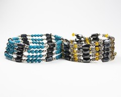 Set of 2 Hematite Beaded Bracelets Wraparound Magnetic Jewelry Silver Turquoise