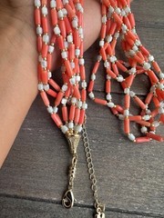 Bohemian Pink Coral Light Blue Mother of Pearl Layering Necklace Gold Plated