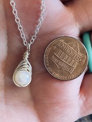 Herringbone Wire Wrapped Small White Pearl Pendant , Necklace