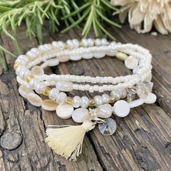 3 Piece Pearl White and Gold Stretch Bracelet Set, Seed Bead Bracelet