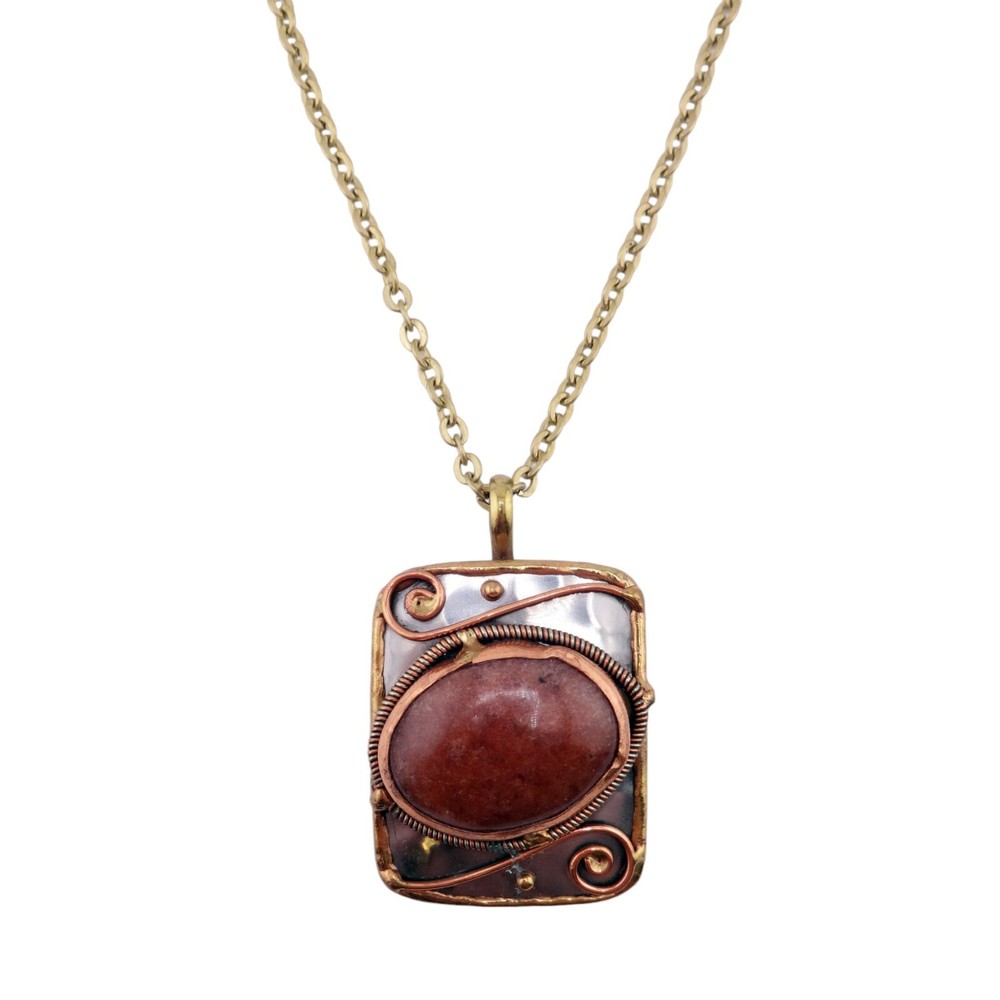Anju Mixed Metals Red Mineral Stone Rectangle Pendant Goldtone Necklace – NEW