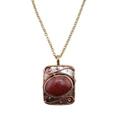 Anju Mixed Metals Red Mineral Stone Rectangle Pendant Goldtone Necklace – NEW