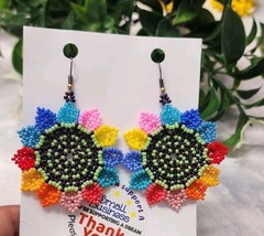 Boho Sunflower Seed Bead Earrings – Multicolor Floral Dangle Jewelry – Handmade