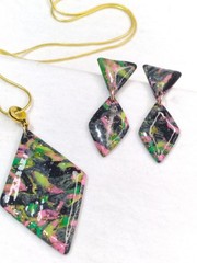 Handcrafted Earring Chain Necklace Set Polymer Clay Black Neon Pink Green Yellow