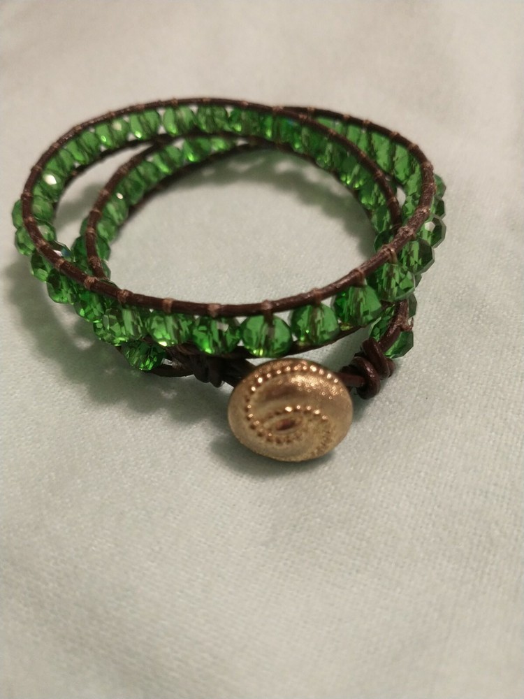 Beaded Leather Double Wrap Bracelet, Handmade With 6mm Crystal Beads, Green