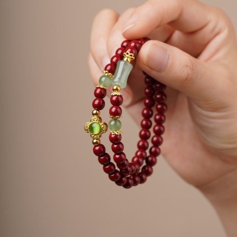Double-Strand Red Buddhist Prayer Bead Bracelet with Cinnabar-Inspired Design