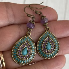 Min Favorit Colorful Enamel Pendant & Amethyst Brass Artisan Boho Earrings