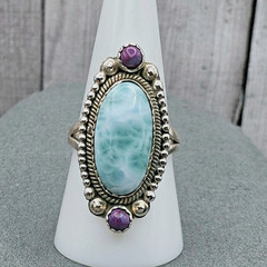 Larimar Sterling Silver Statement Ring Purple Accents Size 8.5 Southwestern Boho